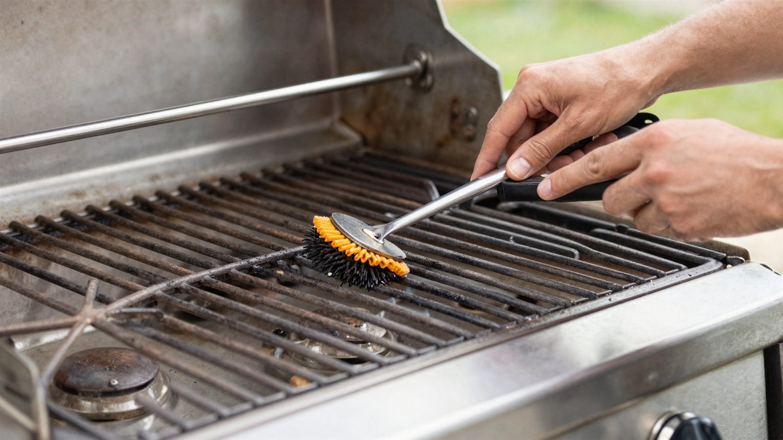 Gasgrill-Rost wird mit Bürste gereinigt